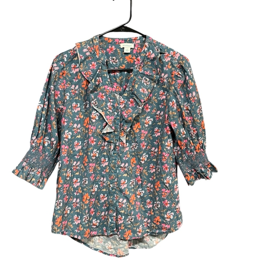 Sundance Jeanie Ruffle Trim Blouse women S Blue Floral 
V neck cottage western